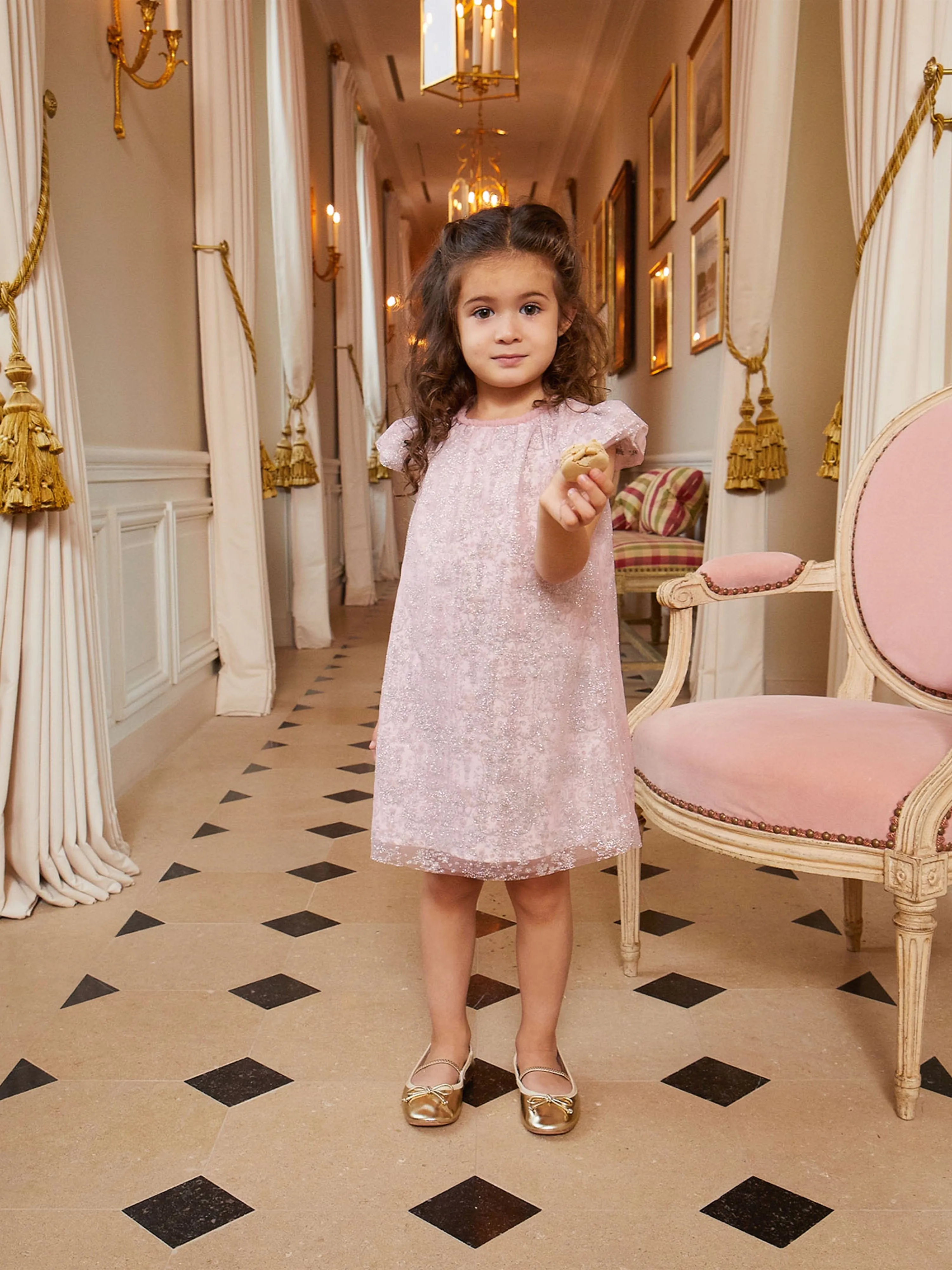 Atelier Choux Baby Mädchen Glitzer Toile de Jouy Kleid in Rosa