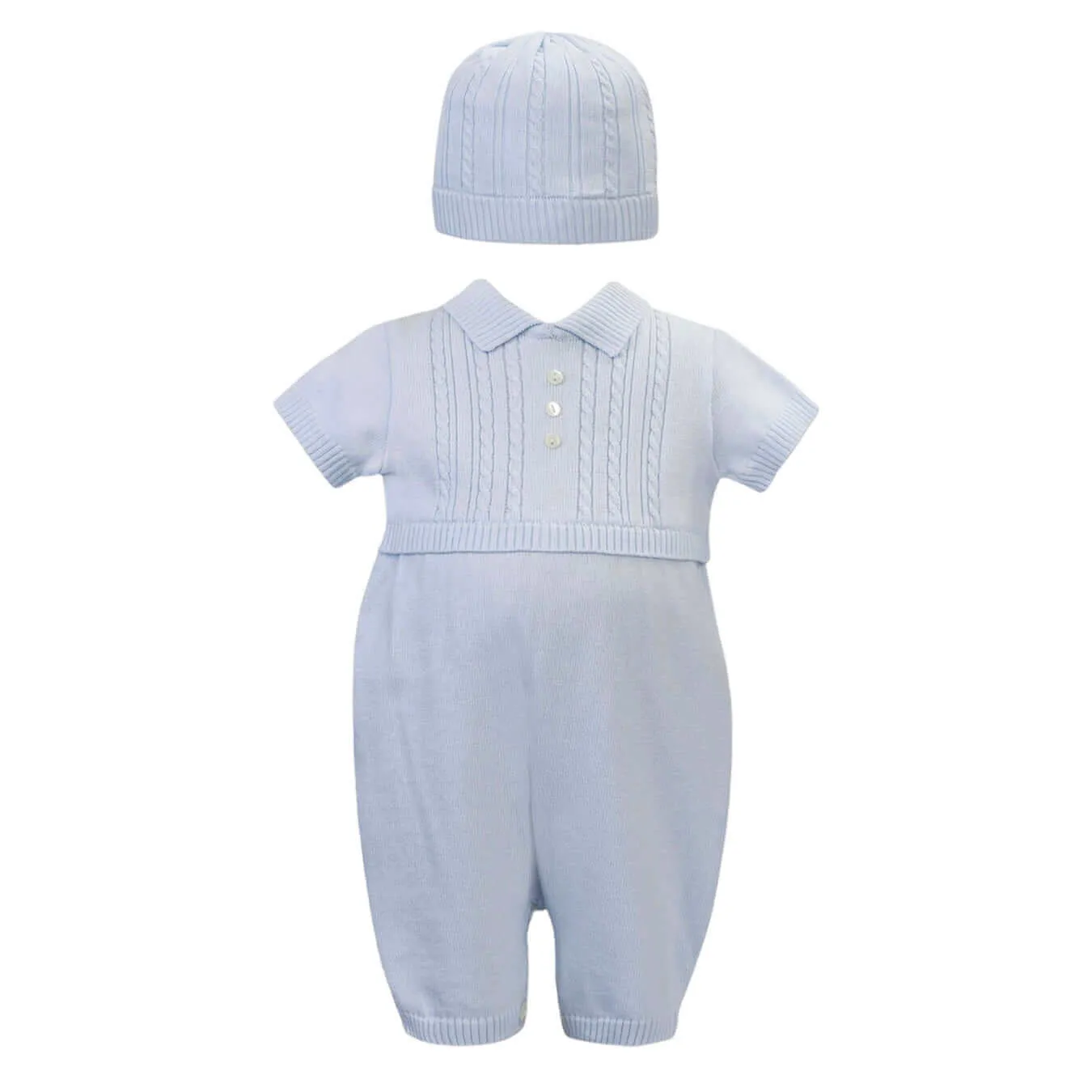 Blaues Strick-Overall und Mützenset für Babyjungen