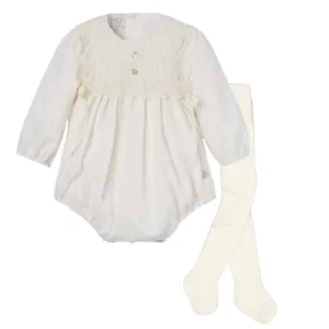 Baby Girls Cremefarbener Spitzen-Overall mit Strumpfhosen
