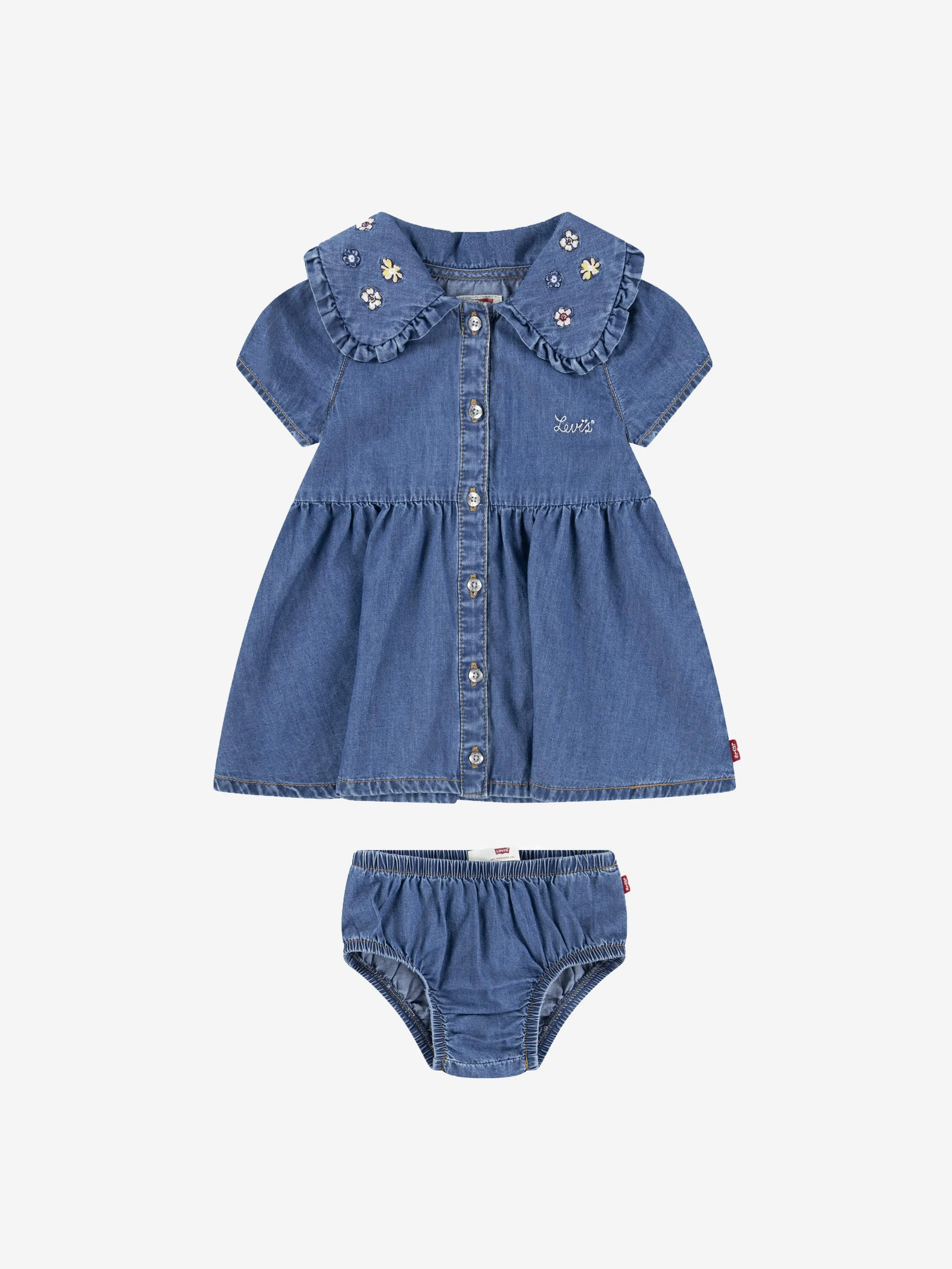 Blaues Denimkleid für Baby-Mädchen mit besticktem Kragen