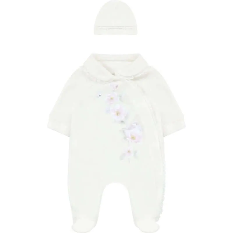 Elfenbein Baby-Strampler mit Blumenmuster und Mützchen-Set für Mädchen