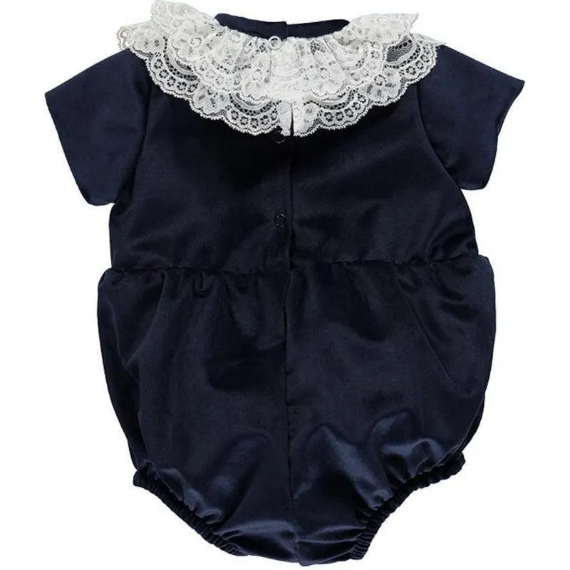 Baby Girls Navy Velour Strampler
