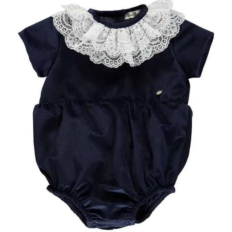 Baby Girls Navy Velour Strampler