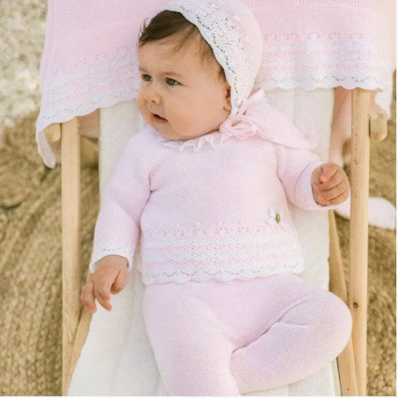 Rosa Aura Spitzenkragen Baumwoll-Strick-Set für Baby-Mädchen