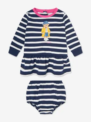 Baby-Mädchen gestreiftes Polo-Bären-Kleid in Marineblau
