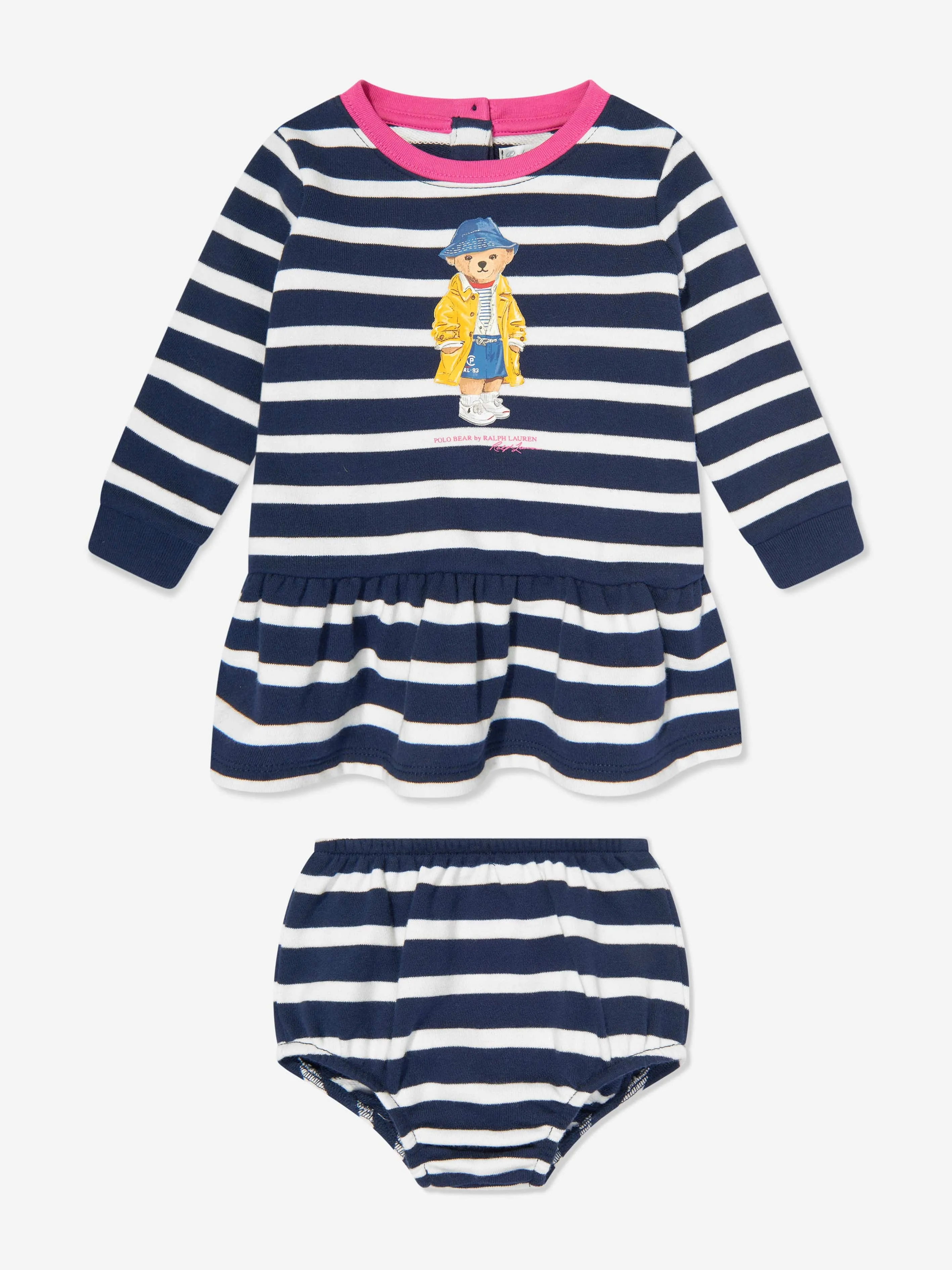 Baby-Mädchen gestreiftes Polo-Bären-Kleid in Marineblau