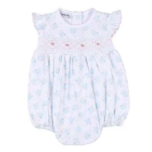 Vintage Baby-Mädchen-Blau-Vogel-Smock-Bubble-Romper