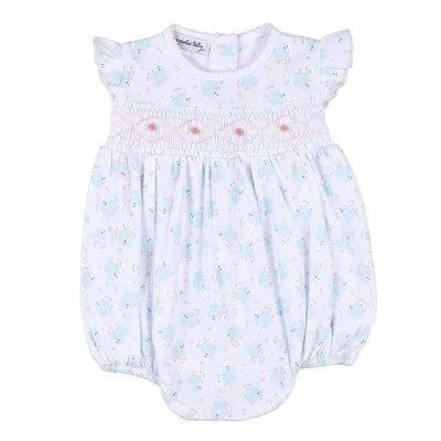 Vintage Baby-Mädchen-Blau-Vogel-Smock-Bubble-Romper