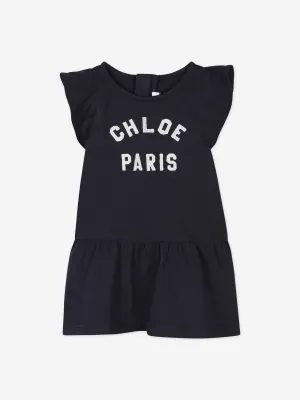 Chloé Baby Mädchen Paris Logo Jersey-Kleid in Marineblau