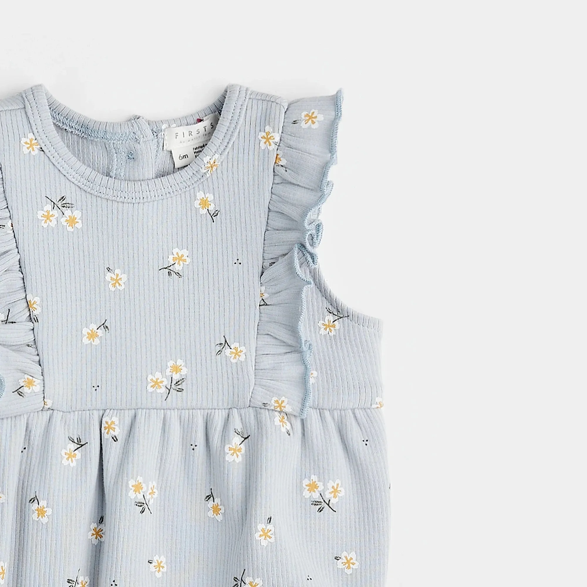 FIRSTS Daisy Print auf Rippelperl-Blauer Bubble-Romper