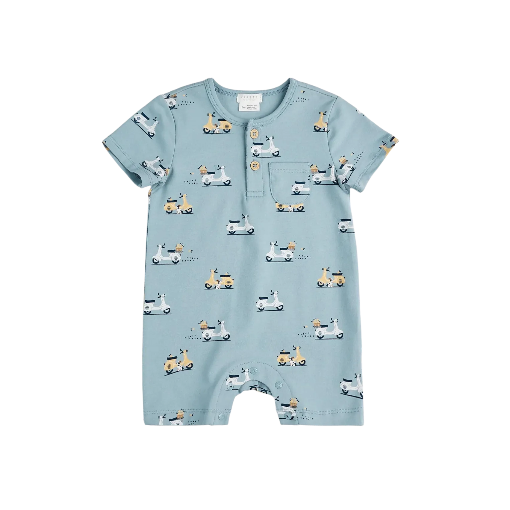 FIRSTS Motorino Druck auf Hellblauem Henley-Romper