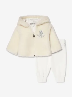 Moncler Enfant Baby Kunstfell Reißverschluss-Jacke und Hose Set in Elfenbein