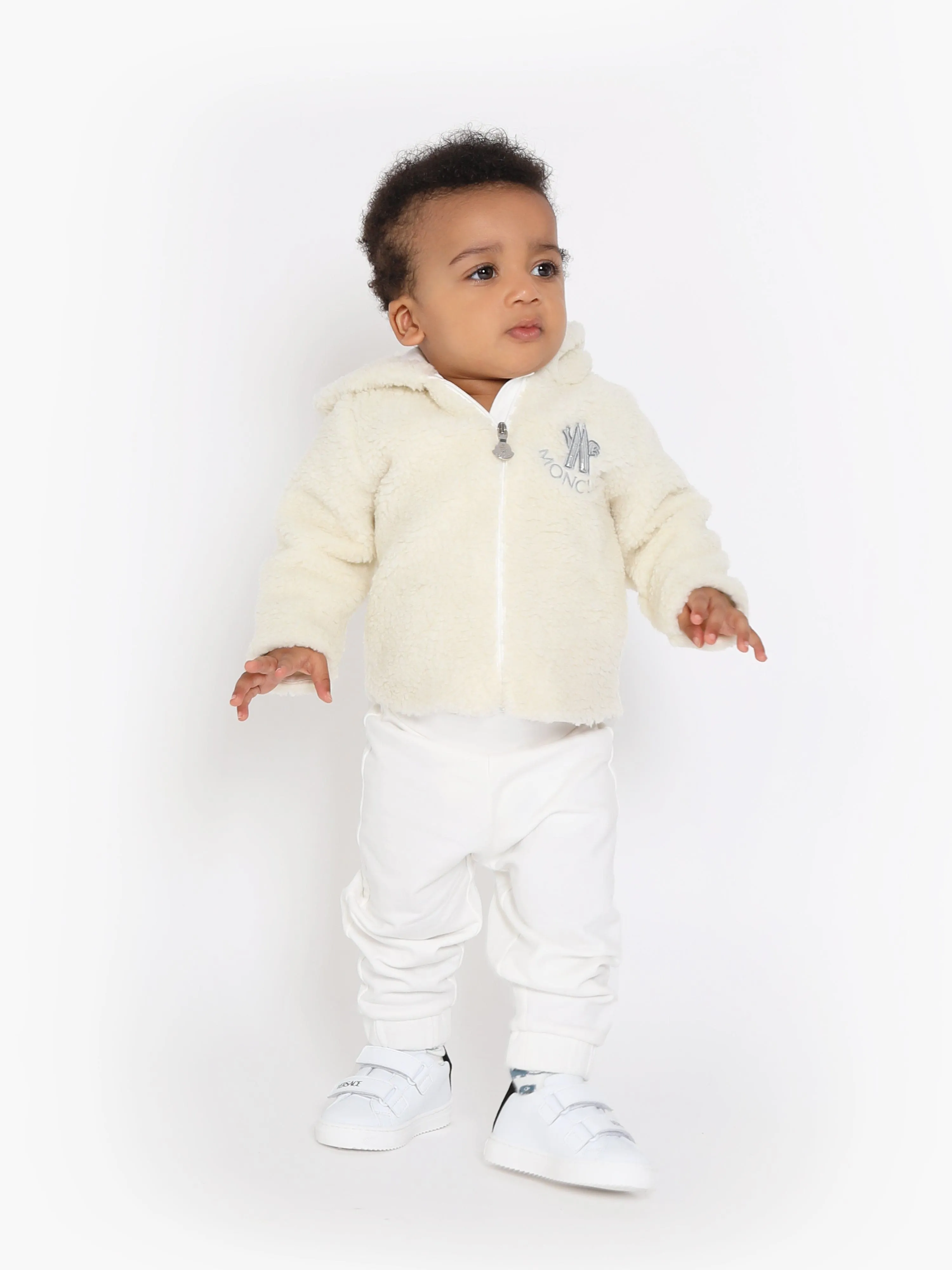 Moncler Enfant Baby Kunstfell Reißverschluss-Jacke und Hose Set in Elfenbein