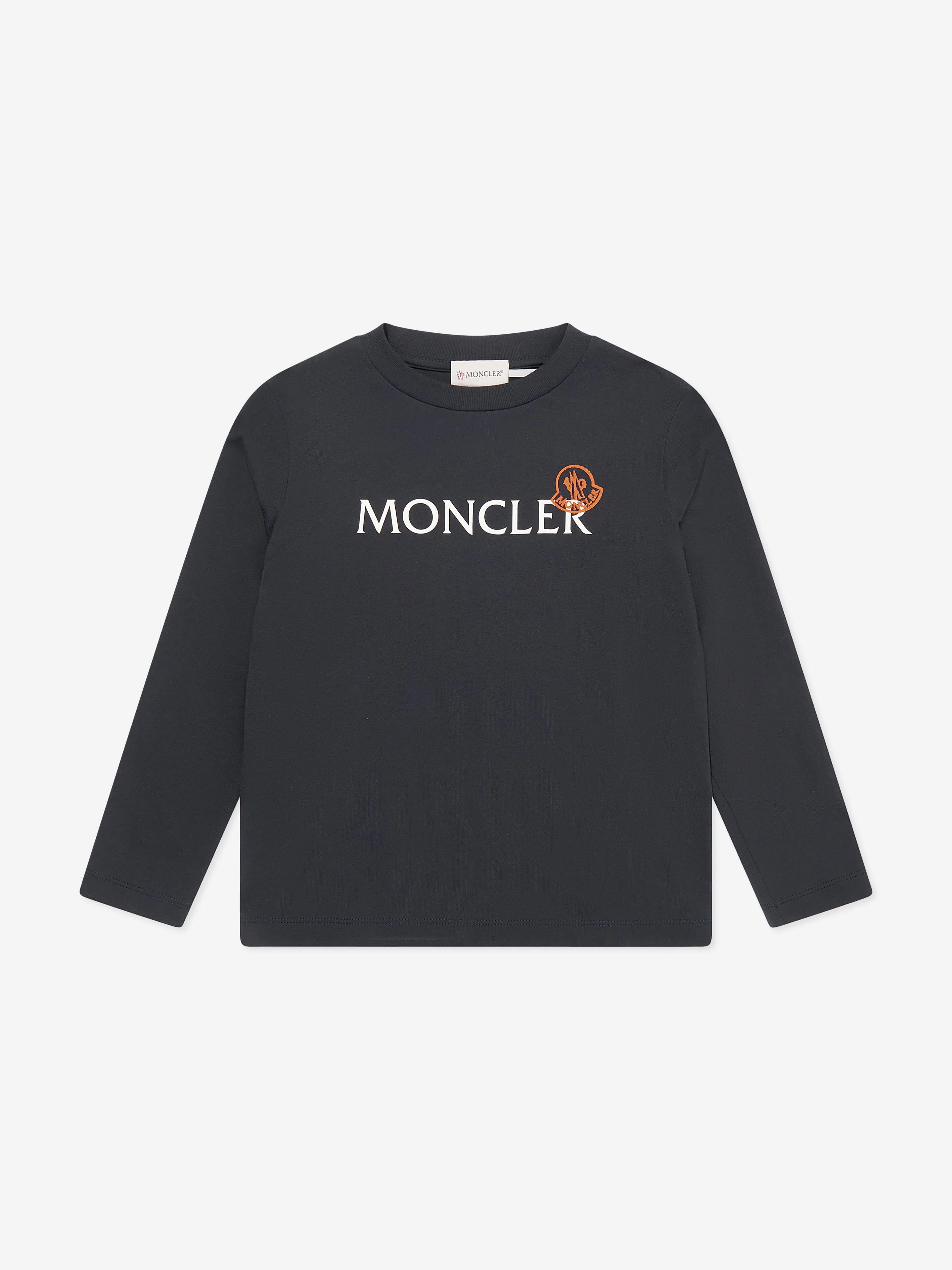 Moncler Enfant Jungen Langarm Logo T-Shirt in Marineblau