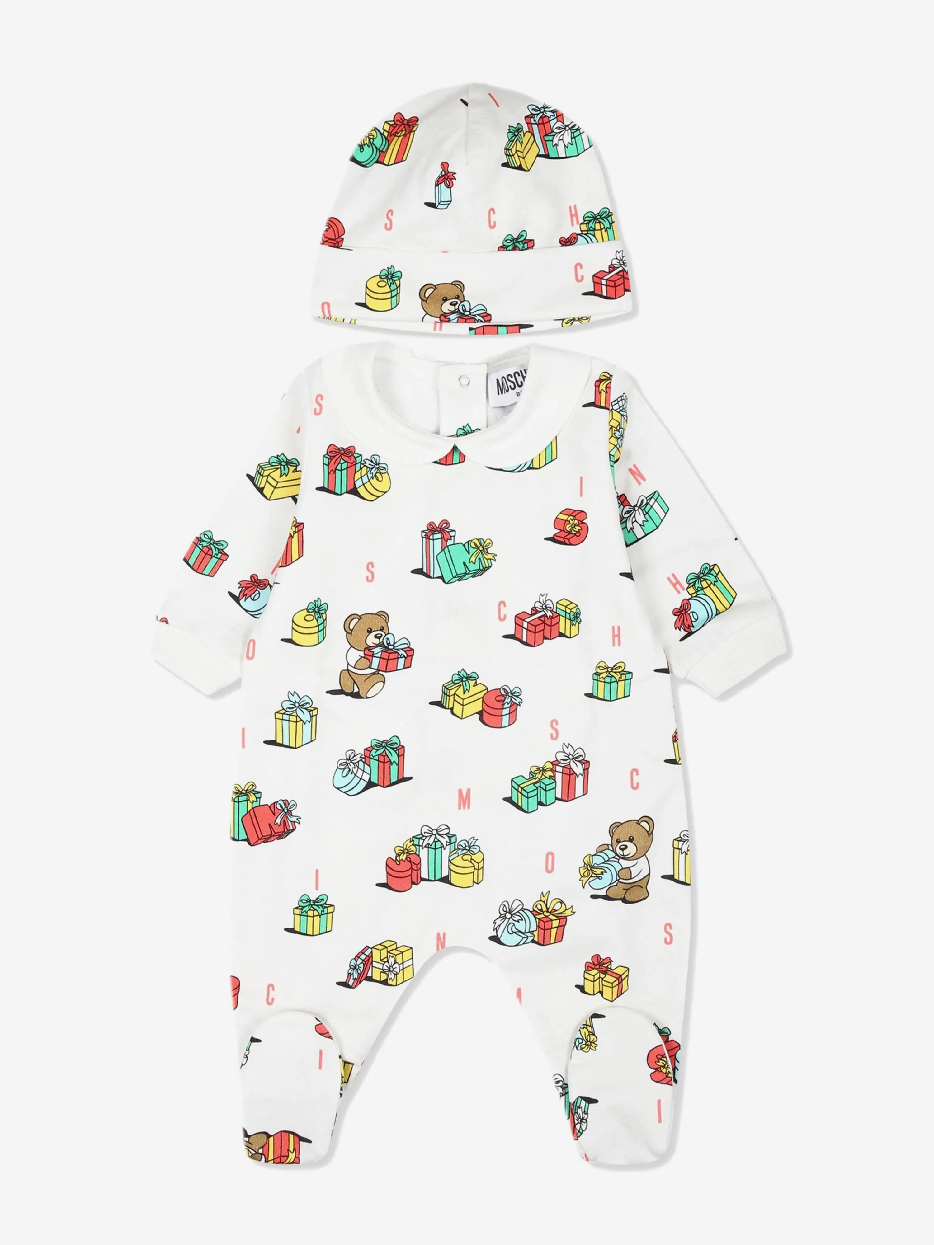 Moschino Baby Xmas Bär Babygrow und Hut Geschenkset in Elfenbein